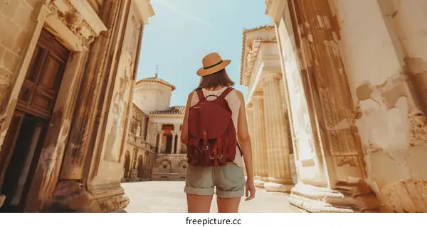 Young woman traveler with backpack walking in ancient city
