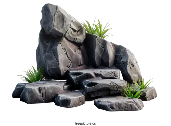 [Transparent Background PNG]gray stepped rock podium with green grass