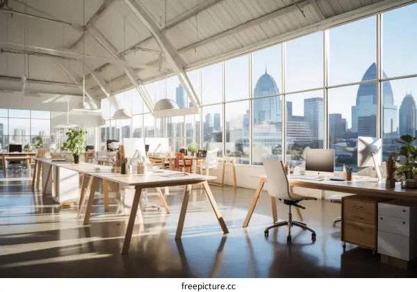 Modern office interior with large windows and city view