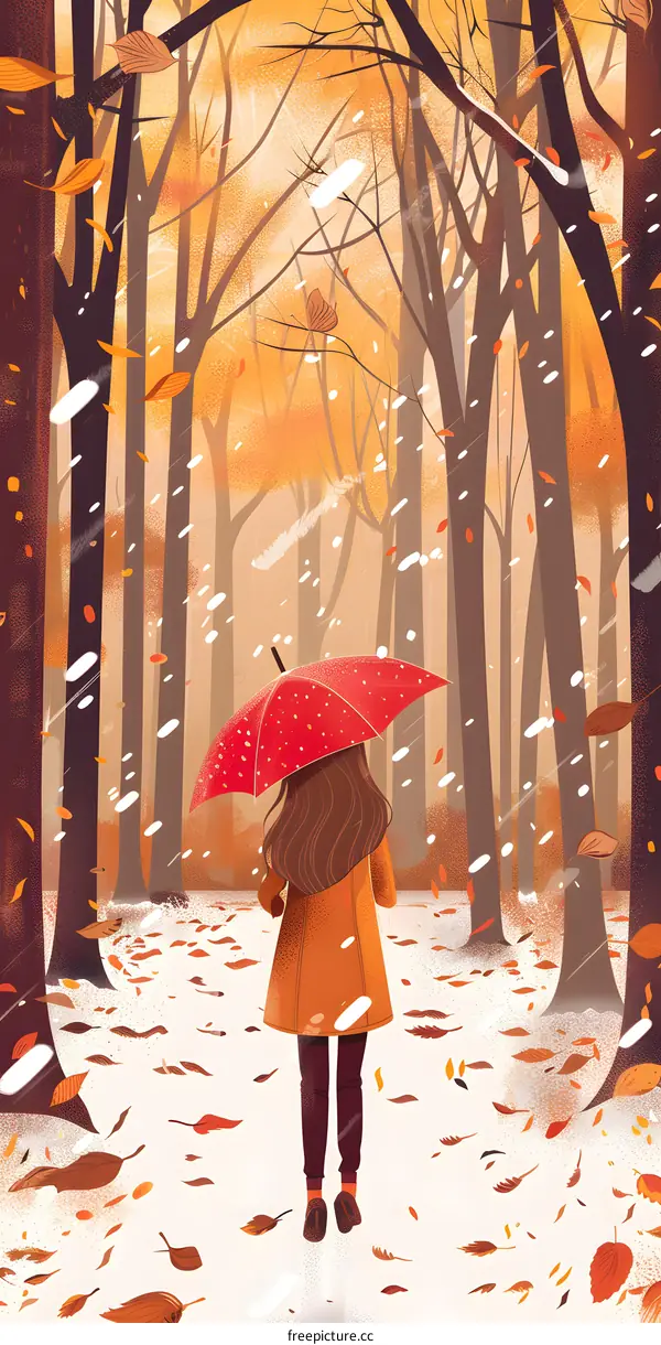Woman Walking in Autumn Forest with Umbrella