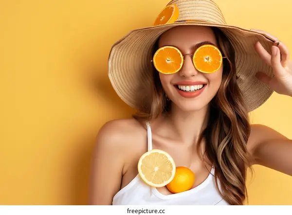 Woman In A Straw Hat Wearing Orange Slices As Sunglasses