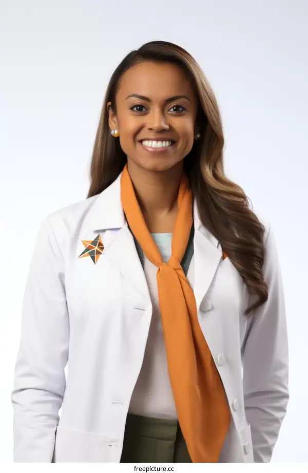 A smiling young female doctor wearing a white coat and orange scarf