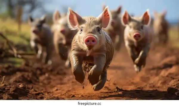 A group of happy pigs running in the mud