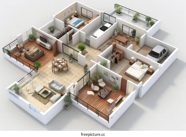 A floor plan of a three-bedroom apartment, showing the layout of the living room, dining room, kitchen, bedrooms and balconies