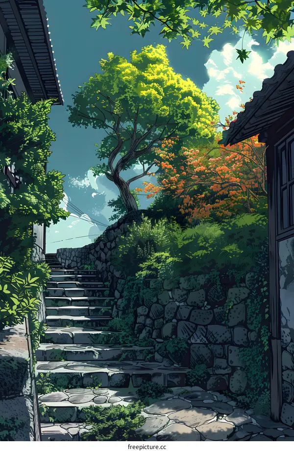 A stone staircase leads up to a traditional Japanese house. The blue sky is visible through the trees.