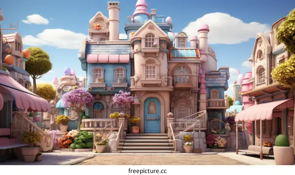 Charming Cartoon Town with Vibrant Pink Trees and Blue Houses