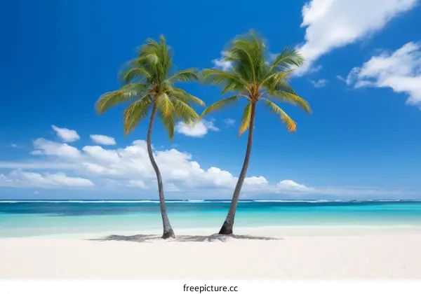 Two palm trees on a white sand beach with turquoise ocean water and blue sky