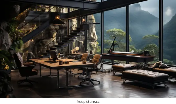 futuristic home office with a stunning view of the mountains