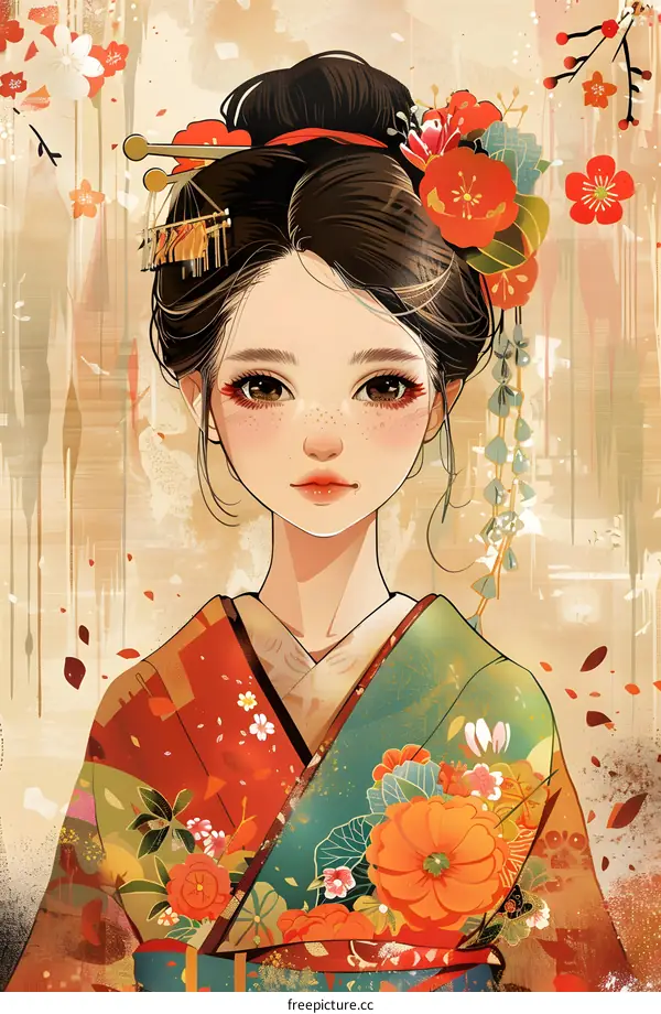 A beautiful Japanese girl in a kimono with flowers in her hair