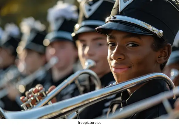 Young African-American male high school student playing the trombone in a marching band