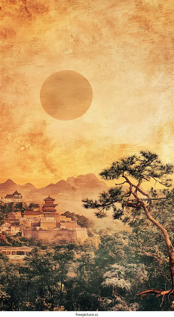 Vintage Chinese Landscape Painting with Mountain and Tree