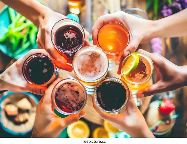 Group of Friends Toasting with Beer and Drinks