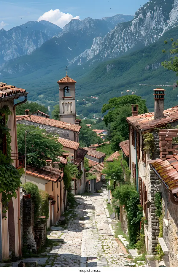 Cobblestone Street in a Village with a Bell Tower and Mountain Views