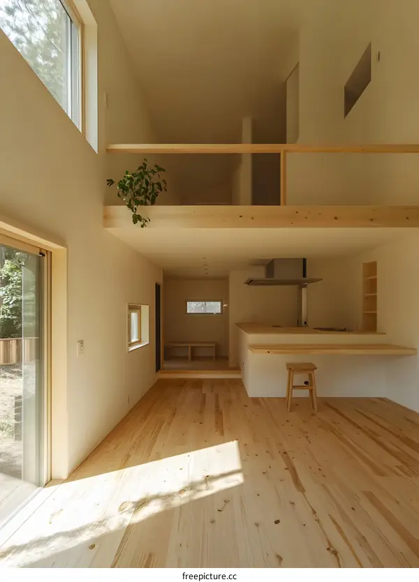 Minimalist Modern Loft Interior Design With Wood Flooring and Large Windows