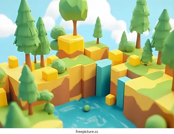 Low Poly 3D Illustration Of A Cartoon Forest Scene With A Waterfall