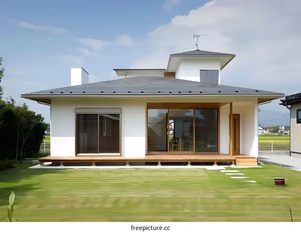 Modern Japanese Style House with Wooden Deck and Large Windows