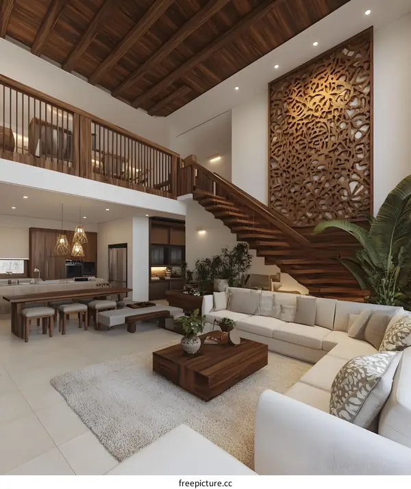 Modern Living Room Interior Design with Wooden Accents and a Spiral Staircase