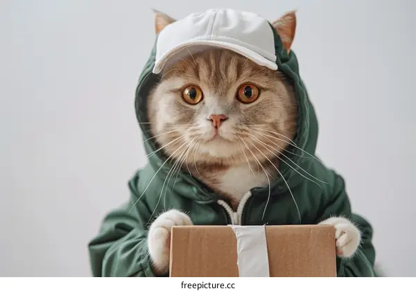 Cute Cat in a Green Jacket Holding a Cardboard Box