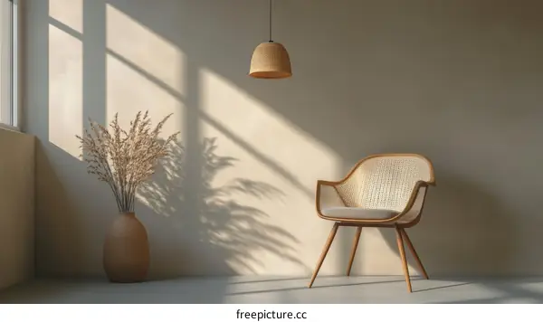 Minimalist Modern Living Room Scene with Cane Chair