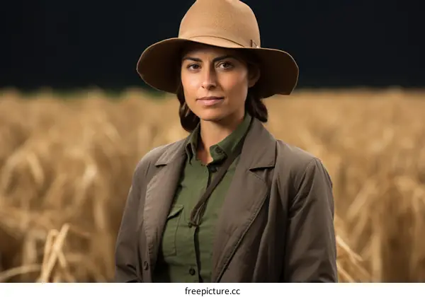 A woman wearing a hat is standing in a field of wheat.