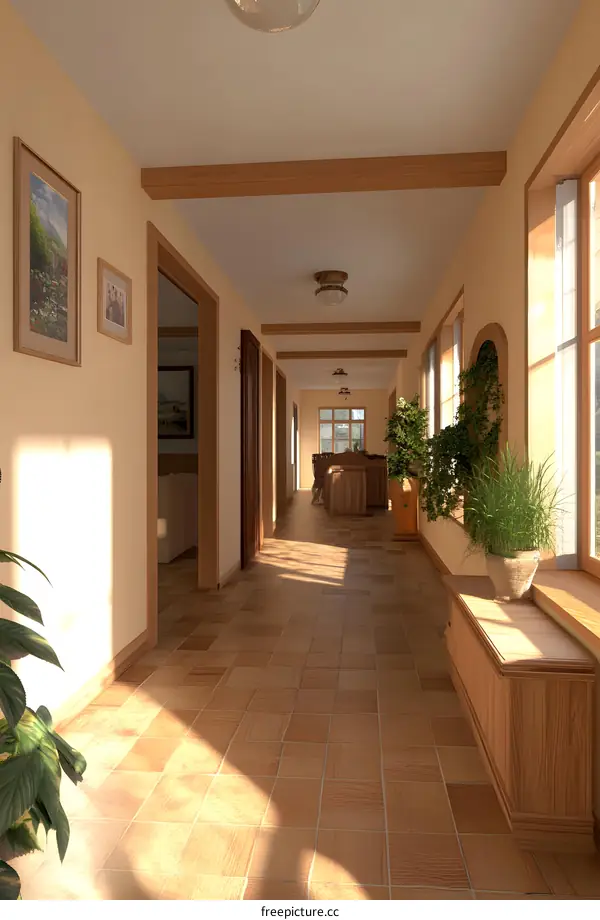 Interior Design of a Long Narrow Hallway with Wooden Beams and Tile Flooring