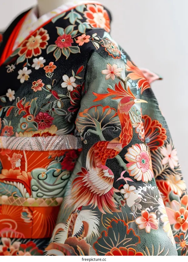 A close-up of a colorful kimono with a floral pattern and a phoenix design