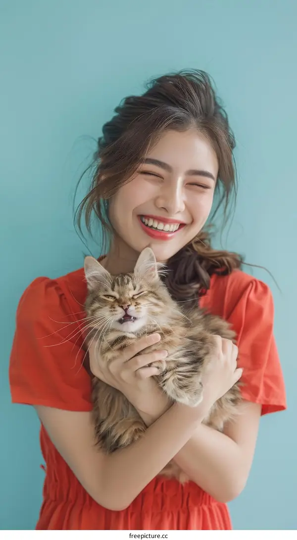 A young woman is hugging a cat and smiling.