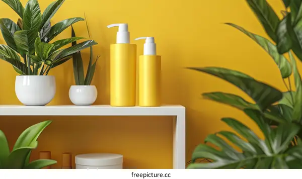 Yellow Cosmetic Bottles on a White Shelf with Plants