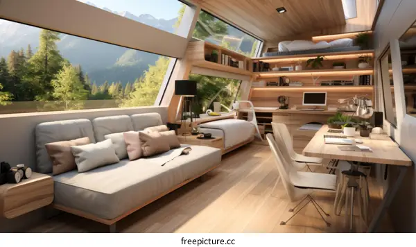 A cozy and modern living space with a large window overlooking a beautiful mountain landscape.
