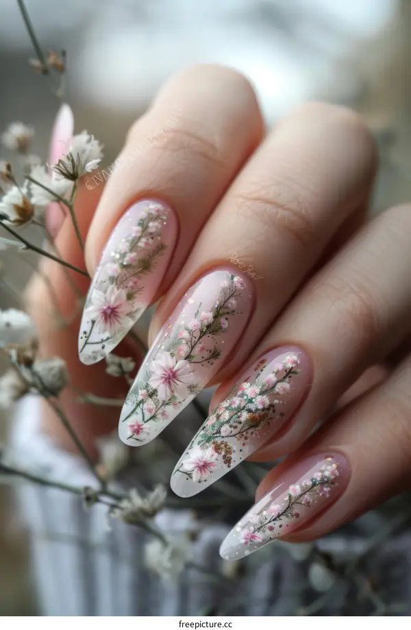A woman's hand with a flower design on her nails.