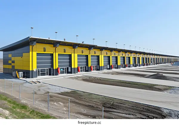 Modern Industrial Building with Yellow and Black Doors