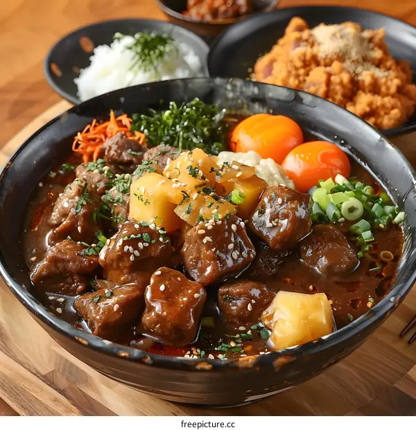 A Bowl of Beef Stew with Rice and Side Dishes