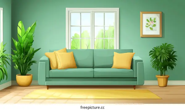 Modern Living Room Illustration with Green Sofa