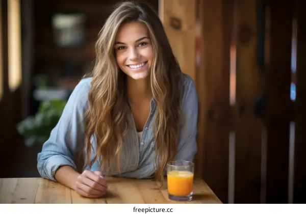 Portrait of a smiling young woman with long brown hair sitting at a table in a cafe