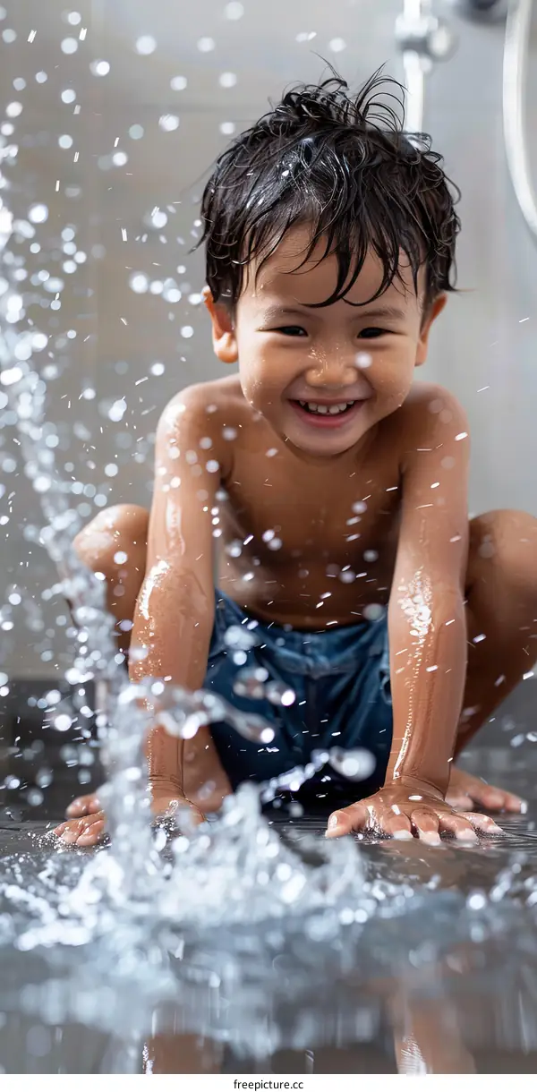 Asian toddler boy playing with water