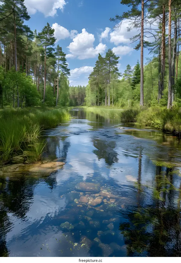 River Flowing Through Forest With Clear Blue Water And Sky