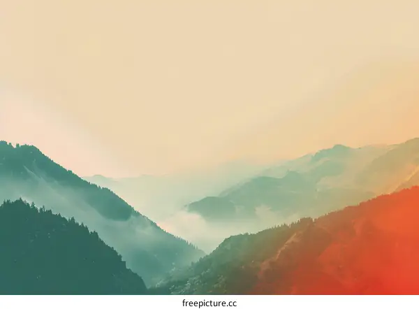 Misty Mountain Range Landscape With Green Hills In The Foreground