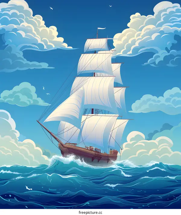 A sailing ship is sailing on the sea