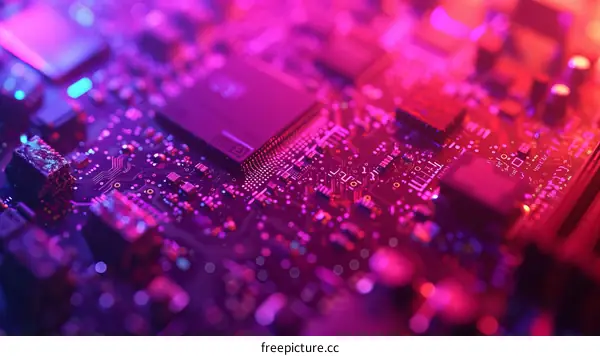 Close-up shot of a computer circuit board with a glowing pink and purple light