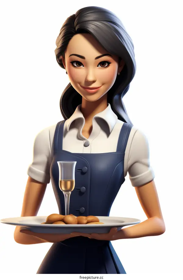A waitress with a tray of food and drinks