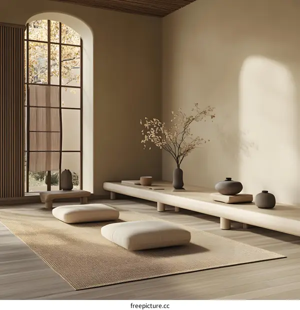 Minimalist Japanese Interior Design with Wooden Floor and Cushions