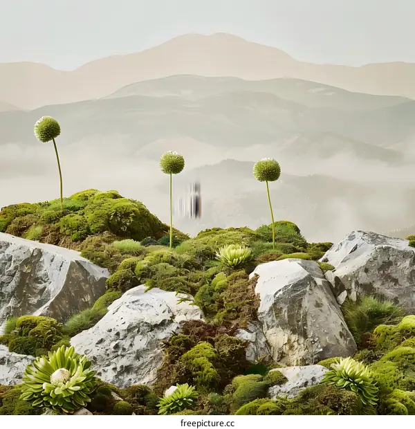 Green Plants Growing On Rocky Mountain Top