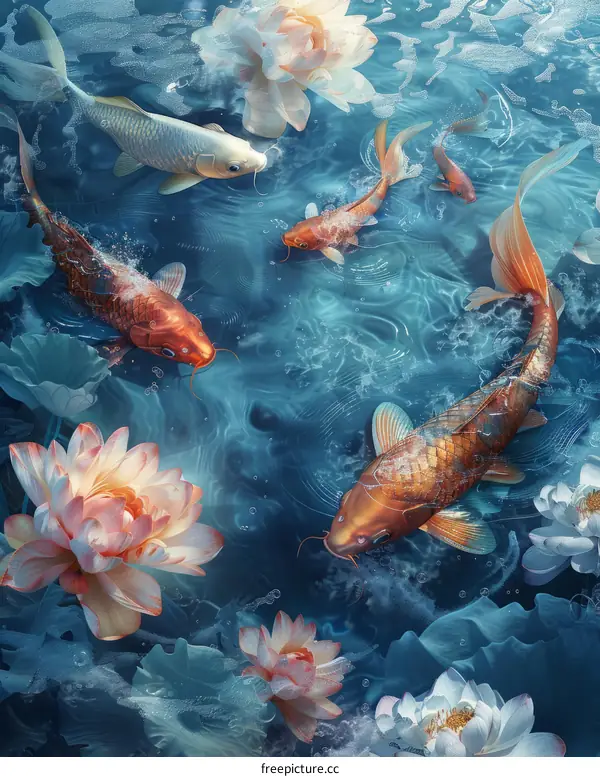 Colorful锦鲤鱼swimming in a pond with beautiful lotuses