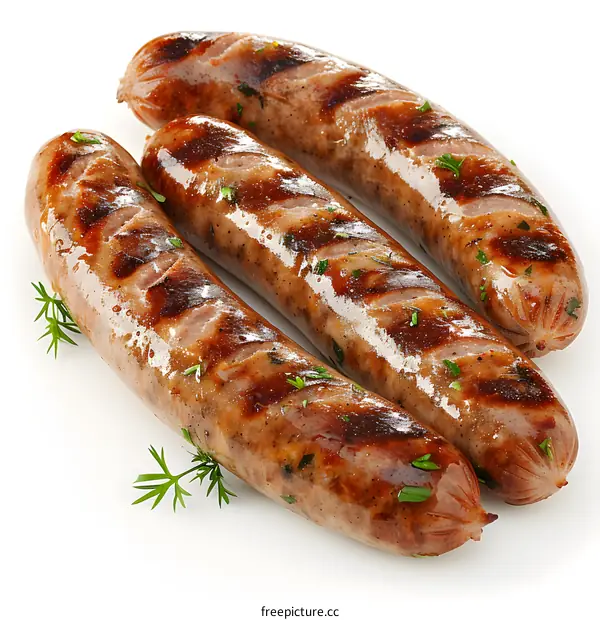 three grilled sausages on a white background