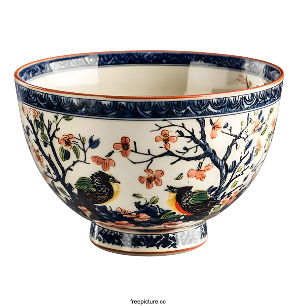 [Transparent Background PNG]Vintage Chinese Porcelain Bowl with Bird and Flower Design