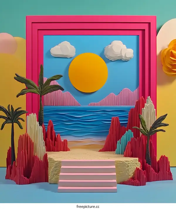 Paper Art Illustration of Tropical Beach Scene with Pink Frame