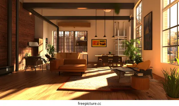 Modern Loft Living Room Interior Design with Large Windows and Natural Light