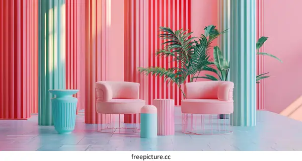 Minimalist Pink and Green Interior Design With Striped Walls and Palm Trees
