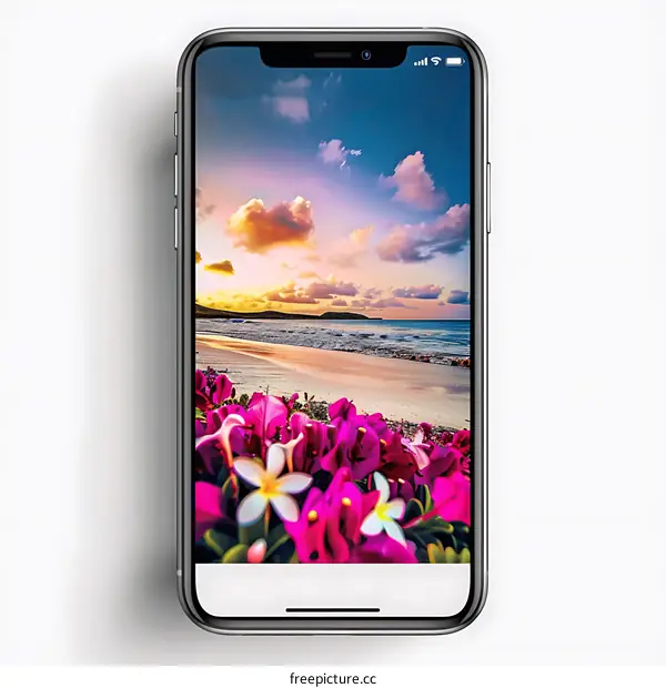 Mobile Phone Screen Displaying Beach Sunset Image