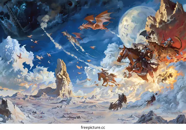 Fantasy Art With Dragons and Knights Riding Horses